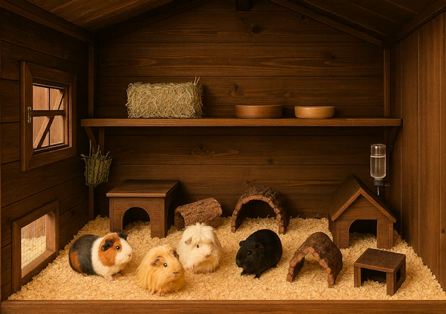 KI generiert Inneneinrichtung der Gartenhütte mit Meerschweinchen